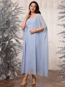 Modelyn 2 件套女士纯色网眼蝙蝠袖夹克和褶皱吊带裙 - 淺藍色 - 查看 4
