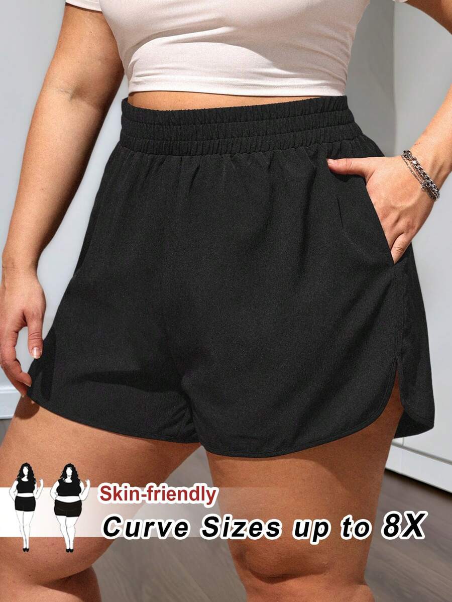 SHEIN CURVE+ 大号纯色黑色短裤夏季套装休闲女士口袋短裤，夏季度假短裤波西米亚风度假 - 黑色 - 查看 1