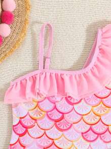 Young Girl Fish Scale Print Ruffled One-Piece Swimsuit With Cover Up Skirt, Suitable For Beach Vacation Summer Holiday - Baby Pink - View 4