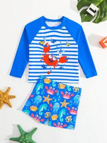 Baby Boy Striped Crab Print Raglan Sleeve Long Sleeve Top And Shorts Swimsuit Set - Blue - View 1