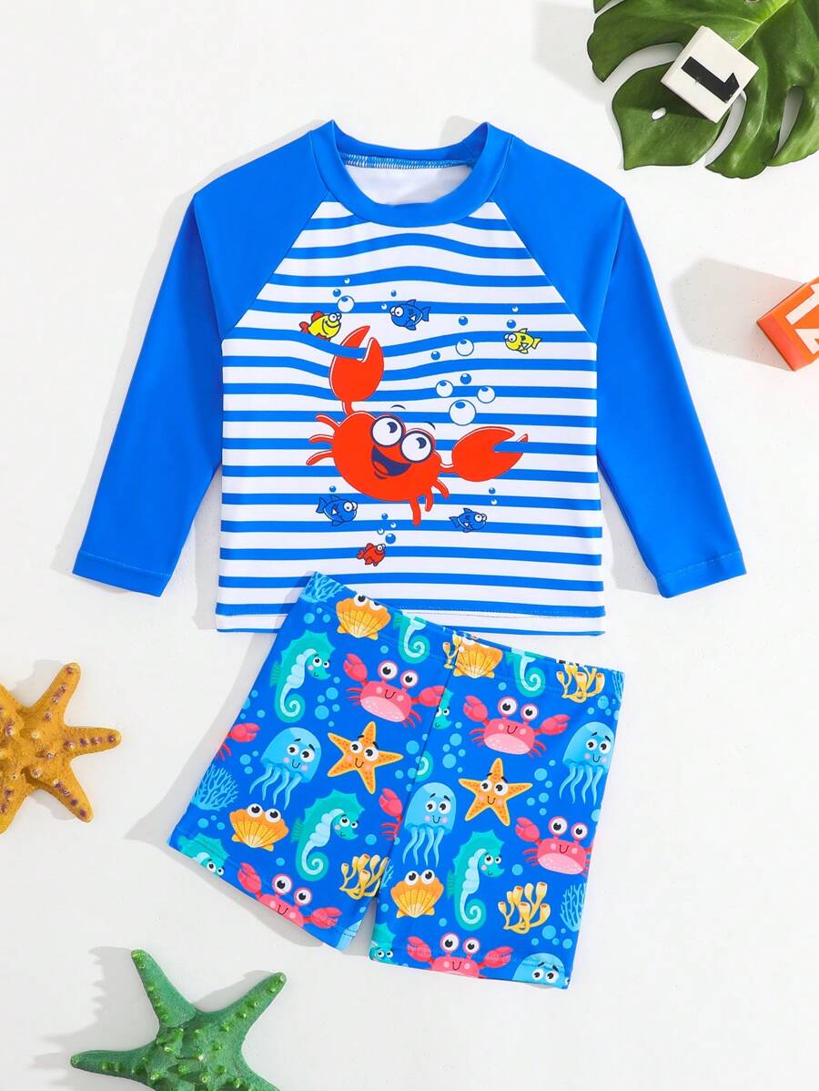 Baby Boy Striped Crab Print Raglan Sleeve Long Sleeve Top And Shorts Swimsuit Set - Blue - View 1