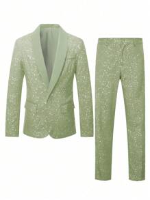 Manfinity AFTRDRK Manfinity Mode 西装套装：长袖夹克和裤子，闪亮简约休闲装，适合日常穿着、男友礼物、情人节男士 - 薄荷綠 - 查看 5