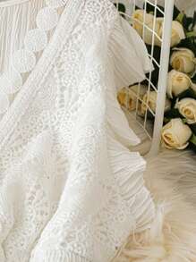 DreamSkyne Rochie de damă de mărime mare, înconjugată, culoare uni, mozaic, dantelă, mânecă lungă, talie strânsă, rochie minimalistă elegantă - alb - Vizualizare 5