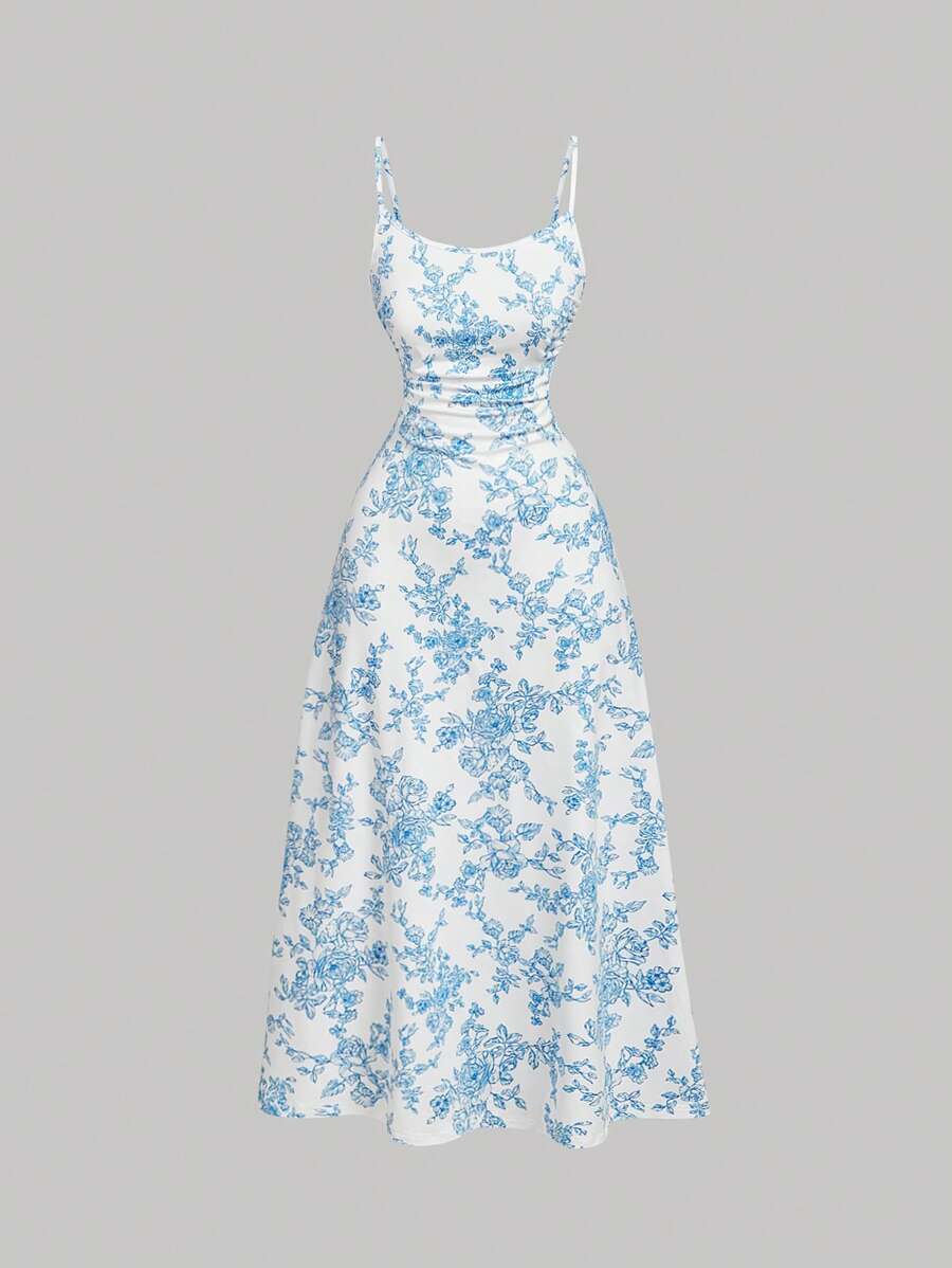 SHEIN MOD Váy không tay in hoa lãng mạn cho nữ - Xanh và trắng - Xem 1