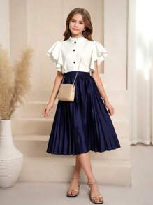 2 pièces Ensemble chemise à manches courtes avec volant blanc et jupe plissée pour pré-adolescentes, tenue décontractée/bureau, printemps/été