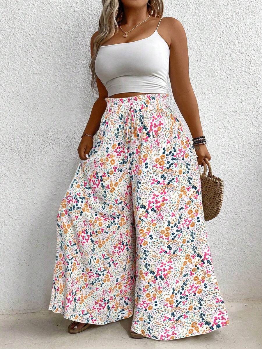 EMERY ROSE Pantalones anchos de talla grande con estampado floral diminuto informal - Multicolor - Ver 1