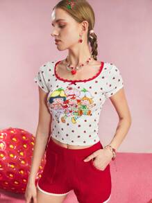 Strawberry Shortcake X SHEIN Women's Strawberry & Cartoon Graphic Casual French Pastoral Cute Square Neck Lace Trim Bowk Decor Short Sleeve Slim Cropped T-Shirt - White - View 3