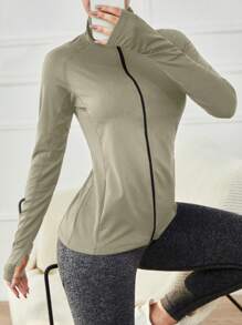 Easithlete Simple Solid Color Zip Up Long Sleeve Sports Jacket, Fashionable For Summer - Apricot - View 4