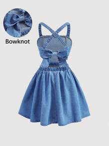 SHEIN Girlism Tween Girl Cool And Cross Back Woven Solid Color Sleeveless Backless Bowknot Tie Denim Dress, Spring/Summer,Girls Summer Beach Boho Rave Concert Outfits - Light Wash - View 1