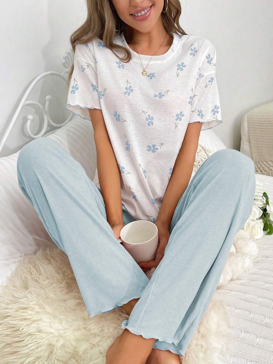 Casual & Comfortable Floral Print Women Pajama Set - Blue - View 1