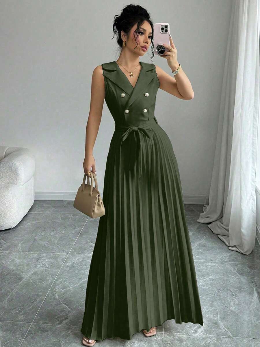 Elenzga 女士优雅香槟色双排扣无袖连衣裙，带褶边下摆，适合春季、夏季、情人节 - 軍綠色 - 查看 1