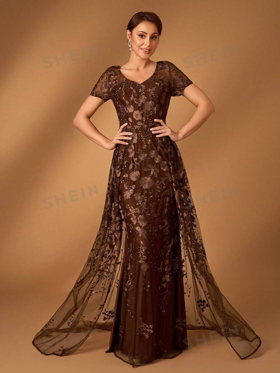 Serin Elegante y lujoso vestido de noche de gasa marrón con parches de encaje bordado en forma de escote en V y cola de sirena con lentejuelas, adecuado para vestidos de noche, fiestas, bodas, luna de miel y madres de la novia