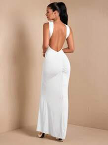 SHEIN BAE Đầm suông hở lưng thanh lịch gợi cảm màu trơn không tay, thích hợp cho tiệc cocktail, hẹn hò lãng mạn, áo lót thu đông, tụ họp, tiệc tùng, đi chơi đêm, đám cưới, Halloween, Giáng sinh - trắng - Xem 2