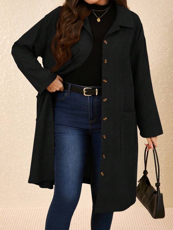EMERY ROSE Plus Size Country Outfits Women Corduroy Double Pocket Button Placket Midi Coatan,Fall Women Clothes