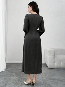 Modelyn 女士方领长袖优雅亮片网眼连衣裙 - 黑色 - 查看 2