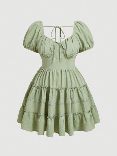 SHEIN MOD 大码泡泡袖荷叶边蕾丝拼布荷叶边下摆迷你连衣裙