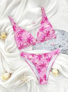 Women's Summer Beach Palm Tree Print Sexy Bikini Swimwear Set, Random Print Pattern - Multicolor - View 3