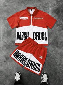 PAVTROS Manfinity Streetrush 男士拼色简约标语印花短袖 T 恤和短裤复古衬衫套装，男士两件套服装男士短裤 2 件套男士 2 件套短裤 - 紅色 - 查看 1