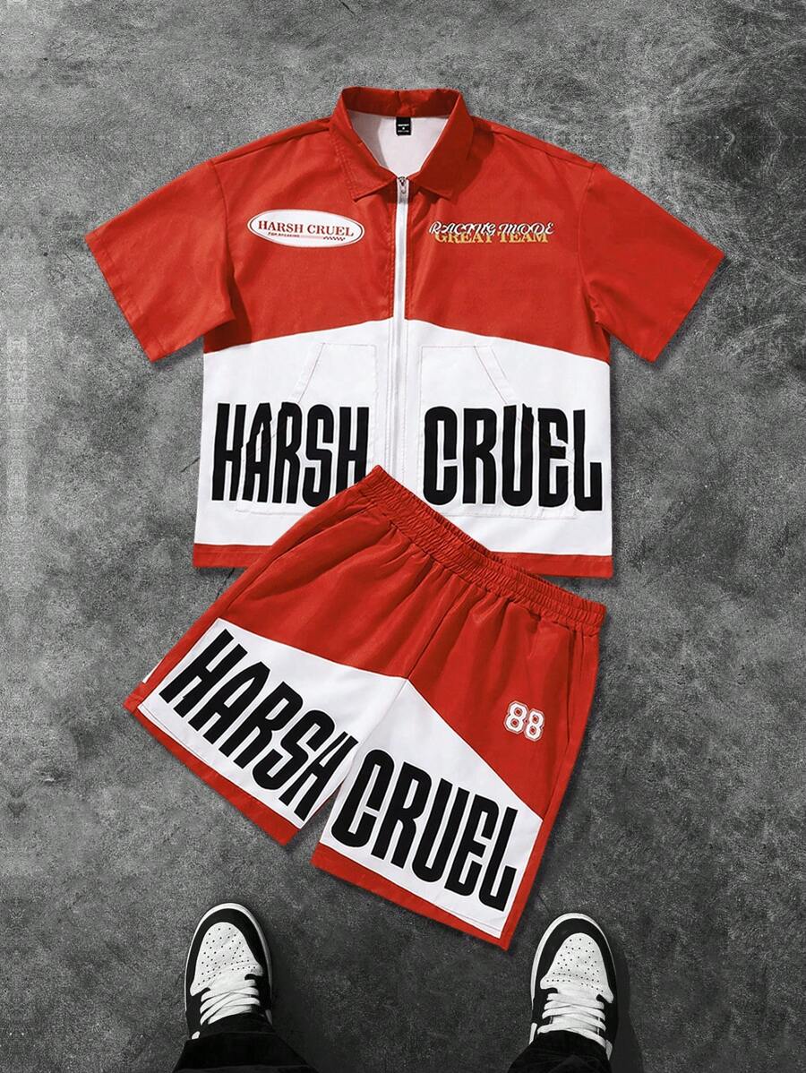 PAVTROS Manfinity Streetrush 男士拼色简约标语印花短袖 T 恤和短裤复古衬衫套装，男士两件套服装男士短裤 2 件套男士 2 件套短裤 - 紅色 - 查看 1