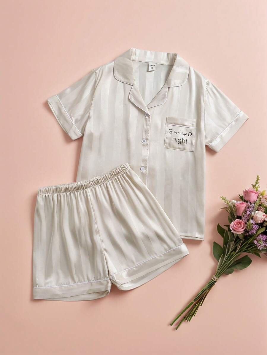 Tween Girls Striped Shorts Sleeve Pajama Set,Cute Off-White Summer Sleep Clothes,Soft & Comfortable Shirt Sets For Young Girls - Champagne - View 1