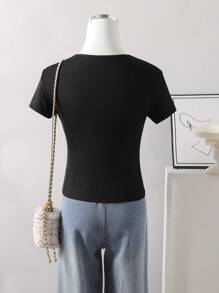 Sparklyn Camisetas de manga corta y cuello redondo ajustadas con ribete de encaje para niñas preadolescentes, estilo dulce y elegante de señorita - Negro - Ver 2