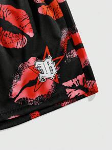 ROMWE MEN Street Life Valentine's Day Lovers Theme Print Mesh Breathable Shorts For Men, Spring/Summer - Black - View 3