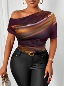 Elenzga Camiseta de manga corta con estampado de teñido anudado, con volante asimétrico, para uso casual diario en talla grande. Con hombros ladeados, de diseño exclusivo y con patrón aleatorio. - Morado - Ver 6