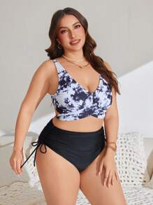 SHEIN Swim Curve Plus Size Women 2 Pieces Swimwear Set With Tie-Dye Printed Top With Bow And Solid Color Drawstring Shorts, Suitable For Resort, Beach, Pool