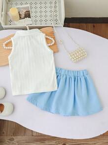 两件套婴幼儿休闲日常服装，含无袖罗纹针织背心和蓝色百褶裙，甜美时尚，春夏 - 藍白色 - 查看 2