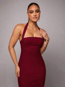 Silquee 象牙色浪漫情人节和约会之夜度假亚麻褶皱下摆挂脖连衣裙、亚麻情人节连衣裙、派对连衣裙、浪漫约会连衣裙、伴娘礼服、婚宴礼服、通勤连衣裙、白色连衣裙、生日派对连衣裙、度假礼服、舞会礼服、长款紧身连衣裙、女式长裙、办公室服装、女士工作服、红色连衣裙、露背连衣裙 - 酒紅色 - 查看 6