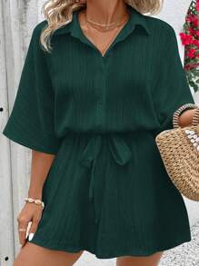 SHEIN VCAY Plus Size Effen Kleur Korte Mouw Romper, Eenvoudig En Modieus, Geschikt Voor De Zomer