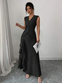 Elenzga Grey Sleeveless A-Line Elegant Minimalist 2 Pieces Set For Women - Black - View 3