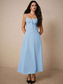 Poéselle 女士纯色褶饰前系带优雅吊带连衣裙 - 淺藍色 - 查看 3