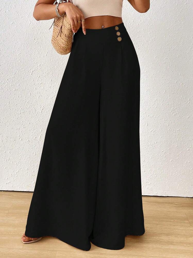 SoleilVie Pantalones anchos de cintura alta de unicolor con diseño de botones para mujer - Negro - Añade 1