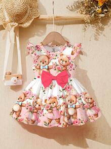 SHEIN Toddler Girls Lovely Floral Bear Print, Sweet Pink Bow Cartoon Print Fashion Long Sleeve Dress, Suitable For Spring/Summer, Outings - White - View 2