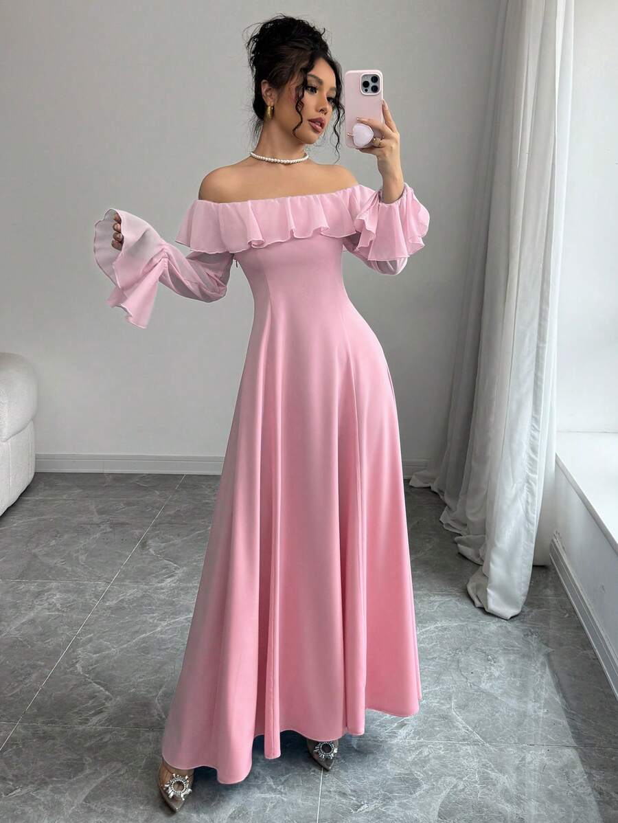 Elenzga 女士时尚新款露肩长裙 - 粉色 - 查看 1