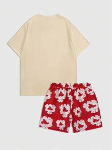 ROMWE MEN Street Life Bộ áo thun tay ngắn cổ tròn họa tiết chữ và môi và quần short cạp rút cho nam - Nhiều màu - Xem 2