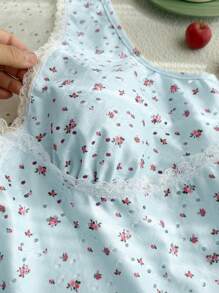 Comfortcana Camiseta de tirantes slim fit de encaje con estampado floral menudo para mujer de talla grande, para primavera/verano - Azul - Ver 4