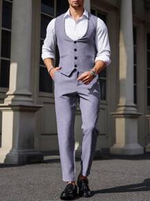 Calvornis Men's Single-Breasted Vest And Pants Business Formal Suit Set - Purple - View 7