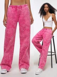 Easelle 2025新款女式松紧腰口袋宽松阔腿热粉色休闲百搭牛仔裤，适合夏季音乐节 - 玫紅色 - 查看 1