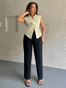 Firerie Damen elegante, einfache apricotfarbene V-Ausschnitt Blumen-Plissee-ärmelloser figurbetonter Bluse, geeignet für Pendeln, Nachmittagstee, Alltagstragen, Sommer