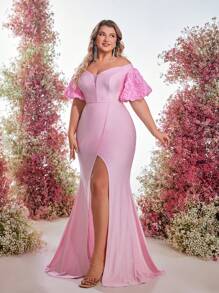 Glamrae Plus Size Light Pink Spring Elegant Formal Special Occasion Wedding Guest Dress,3D Rose Decor Puff Sleeves High Slit Off-Shoulder Evening Party Gown - Pink - View 3