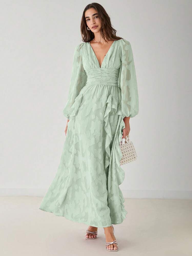 Enchnt Vestido Longo Verde Pastel de Manga Longa com Babados de Decote em V Romântico para Mulheres, Primavera/Verão, Doce e Elegante para Férias, Encontros, Feriados, Festas, Formatura e Convidados de Casamento, Vestido de Formatura, Roupa de Festival de Concertos para Mulheres, Vestido de Páscoa para Mulheres, Vestidos de Verão para Mulheres, Vestidos Leves de Verão para Mulheres, Roupas de Verão - Verde Menta - Visão 6