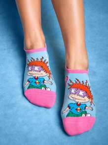Nick 90s X SHEIN 3 Pairs Women Breathable Soft Boat Socks/Invisible Socks, Reinforced Toe And Heel, Wear All Seasons, Cute Cartoon & Contrast Color