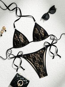 SHEIN Swim 性感蕾丝吊带两件套三角加厚细肩带侧系带女式泳衣套装