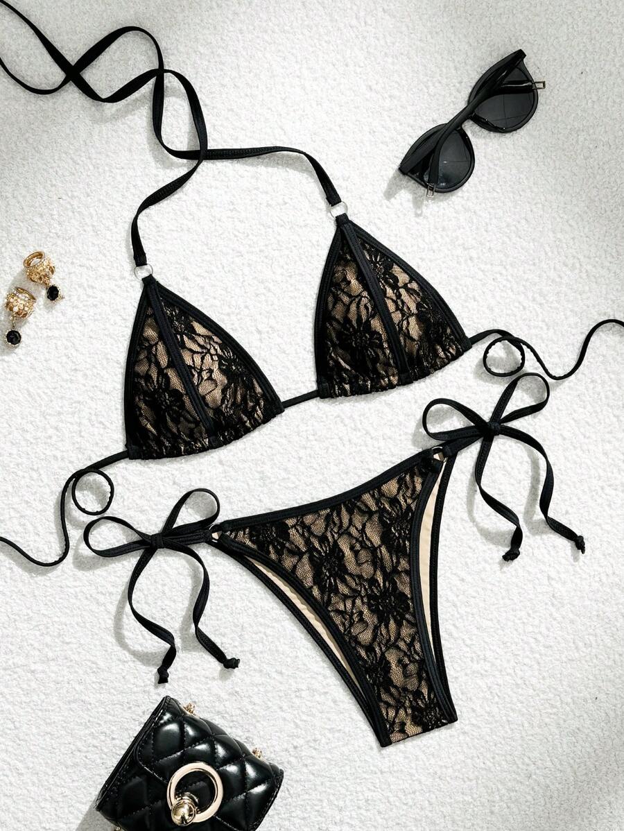 SHEIN Swim 性感蕾丝吊带两件套三角加厚细肩带侧系带女式泳衣套装