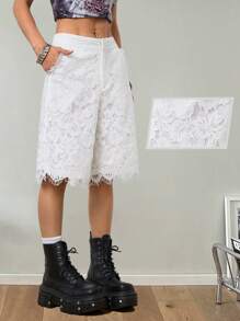 Coolane Calça Branca Transparente com Grafismos Florais em Renda para Mulheres, Ideal para Primavera e Verão, Festas e Encontros - Branco - Visão 1