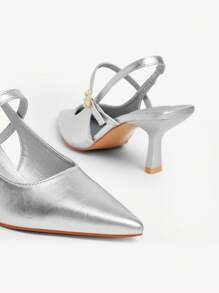 CUCCOO CHICEST Summer New Pearl & Rhinestone Pointed Toe Stiletto High Heel Retro Classic Elegant Metallic PU Leather Slip-On Pumps, Suitable For Commuting, Dating, Afternoon Tea And Party Occasions