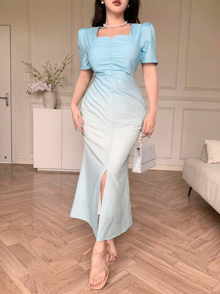 Women's Elegant Ombre Puff Sleeve Mermaid Dress Maxi Dress