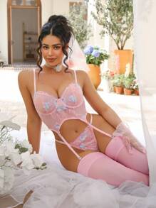 女士花卉刺绣网眼性感胸罩 - 粉色 - 查看 5